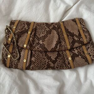 Jessica Simpson Snake Skin With Leather Clutch Chain Wrist Strap Gold Stud NWOT